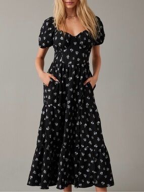 American Eagle Outfitters Black Midi Dress with White Floral Print